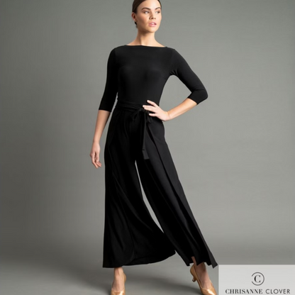 Chrisanne Clover ANYA Black Jumpsuit with Slits in Flared Legs, 3/4 Length Sleeves, and V-Neck on Back PRA 1060 in Stock