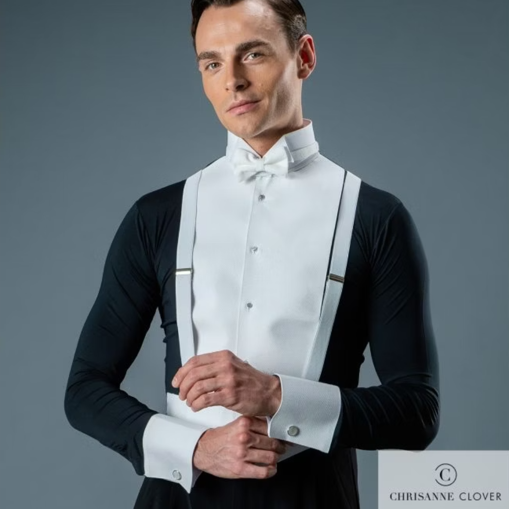 Chrisanne Clover Men's Ballroom Competition Bodysuit Shirt Available in White/Black or All White M089 in Stock