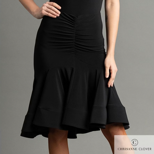 Chrisanne Clover FREYA Black Latin Practice Skirt with Rouching on Front and Back PRA 1062 in Stock