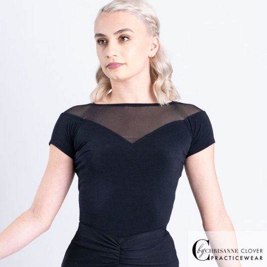 Chrisanne Clover GEMINI Short Sleeve Black Practice Top with Illusion Neckline PRA 1049 in Stock