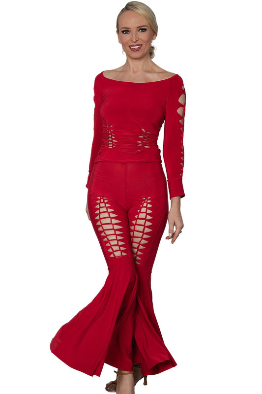 Ladies' red crochet dance pants with bell bottom