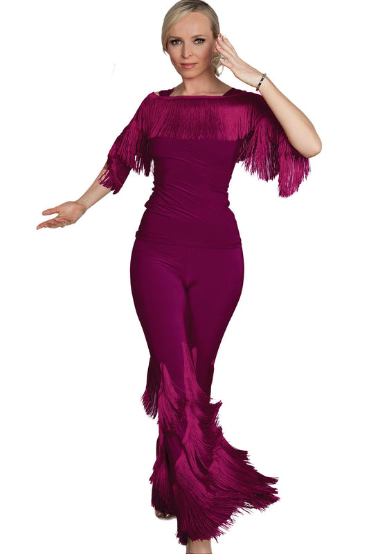 Wine colored fringe pants for women's ballroom dance