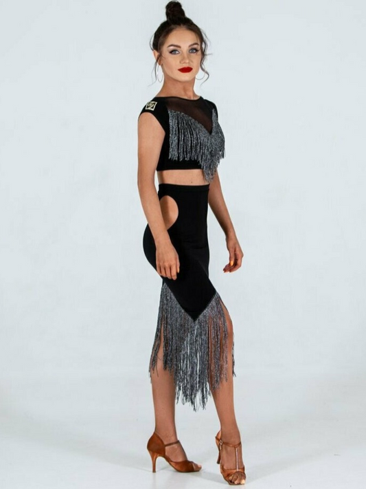 Sirius Practice Dance Wear WISK Women's Short Sleeve Black Mesh Crop Top with Gold or Silver Tinsel Shimmer Fringe PRA 874 in Stock