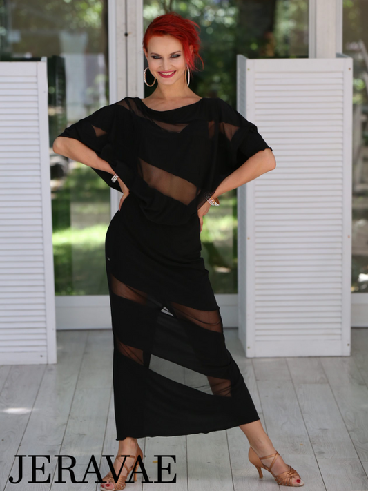 Senga Dancewear VOGUE Long Black Latin Practice Dress with Dolman Sleeves, Diagonal Mesh Inserts, and High Back Slit PRA 982 in Stock