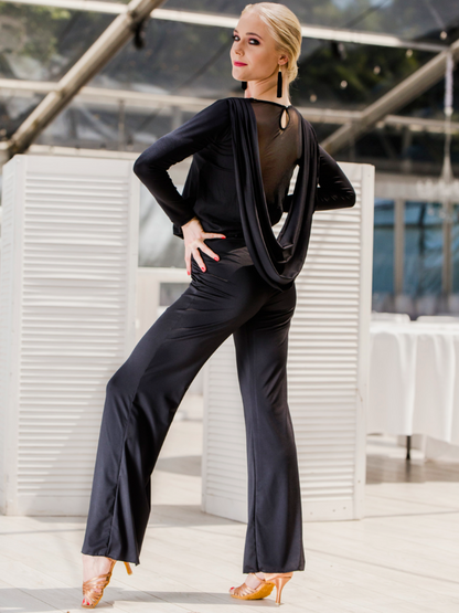 Black Long Sleeve V-Neck Jumpsuit with Wide Leg Pants