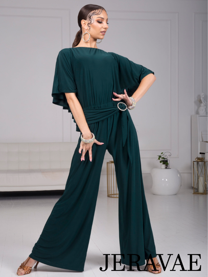 Body Positive Senga Dancewear BOLERO Bottle Green Jumpsuit with Ruffle Cape, Wide Leg Pants, and Tie Detail Sizes XL-4XL PRA 984 in Stock