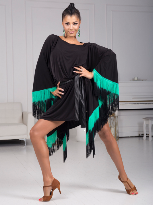 Senga Dancewear OMBRA Short Black Tunic Cape Dress with Sash Sleeves, Ombré Fringe, and Eco Leather Belt Sash PRA 972 in Stock