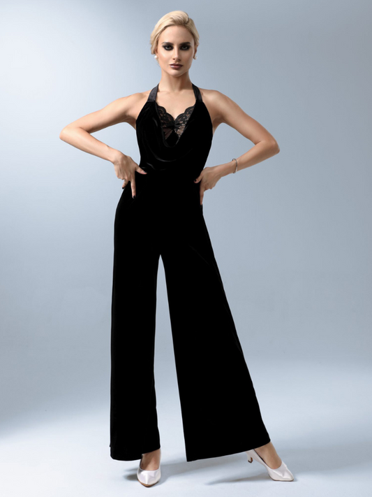 Ladies Black Velvet Jumpsuit with Halter Neck and Deep Plunge Floral Lace PRA 1086 in Stock