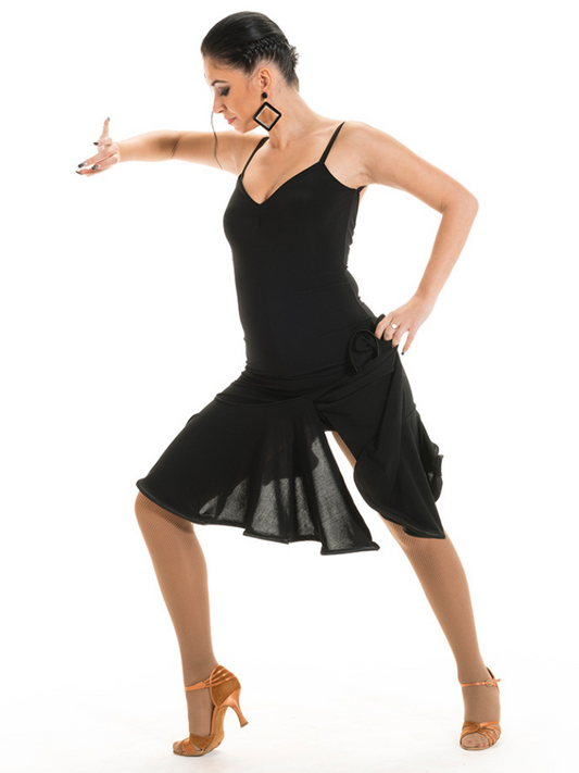 Sleeveless Black Latin Practice Dress with V-Neckline and Asymmetrical Hemline