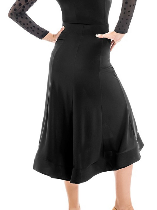 Black Latin Practice Skirt with Elastic Waistband and Flared Asymmetrical Hem