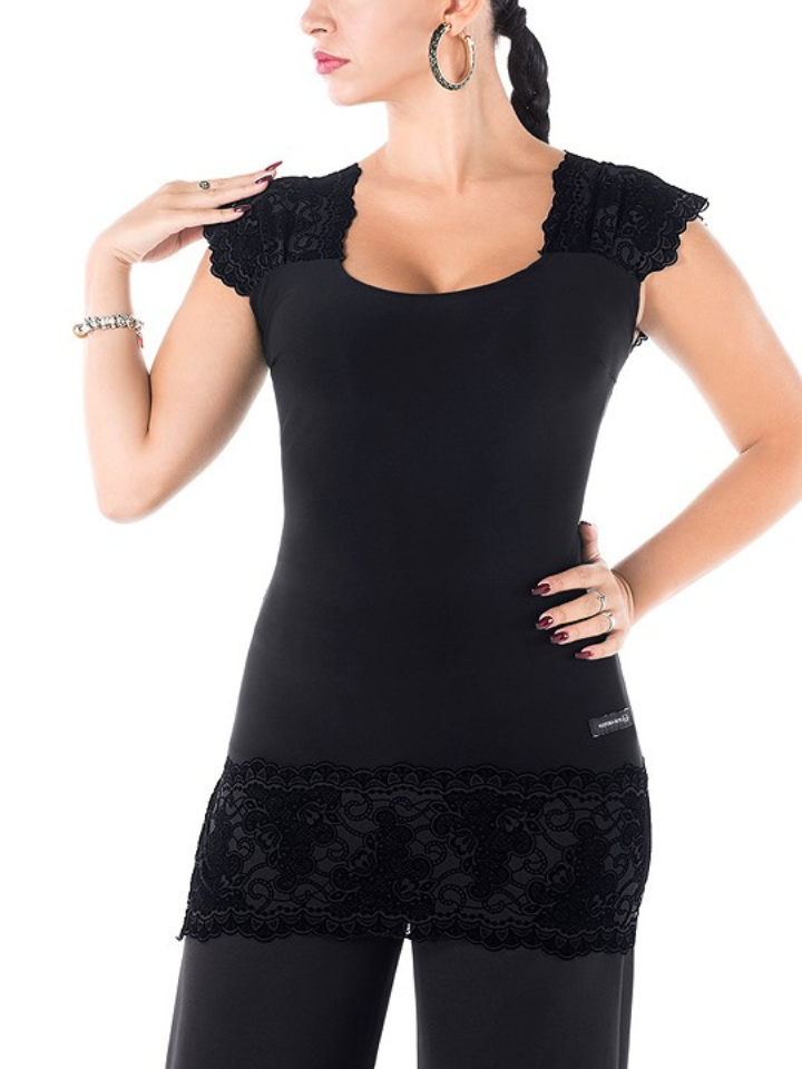 Women's Black Practice Top with Velvet Prints on Shoulders and Hem