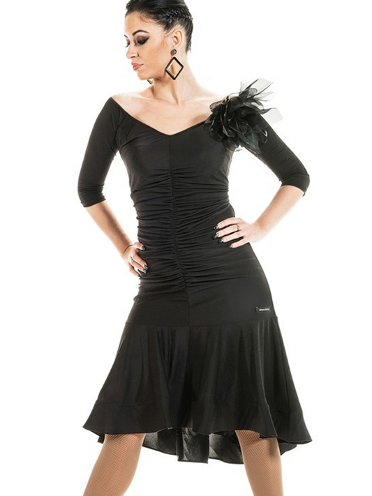 Victoria Blitz LA019 Black V-Neck Latin Practice Dress with Rouching, Half Sleeves, and Mesh Decoration PRA 995 in Stock