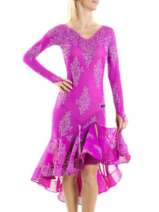Victoria Blitz KIM Long Sleeve Latin Practice Dress with Shimmer Floral Pattern and Ruffle Skirt Available in Fuchsia or Blue PRA 892 in Stock