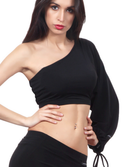 Asymmetrical Latin Practice or Competition Top with One Long Sleeve and Adjustable Tie