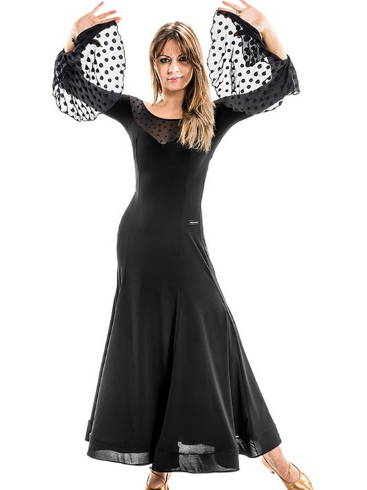 Victoria Blitz ELVI Black Ballroom Practice Dress with Velvet Polka Dots on Flowy Net Sleeves and Illusion Neckline PRA 893 in Stock
