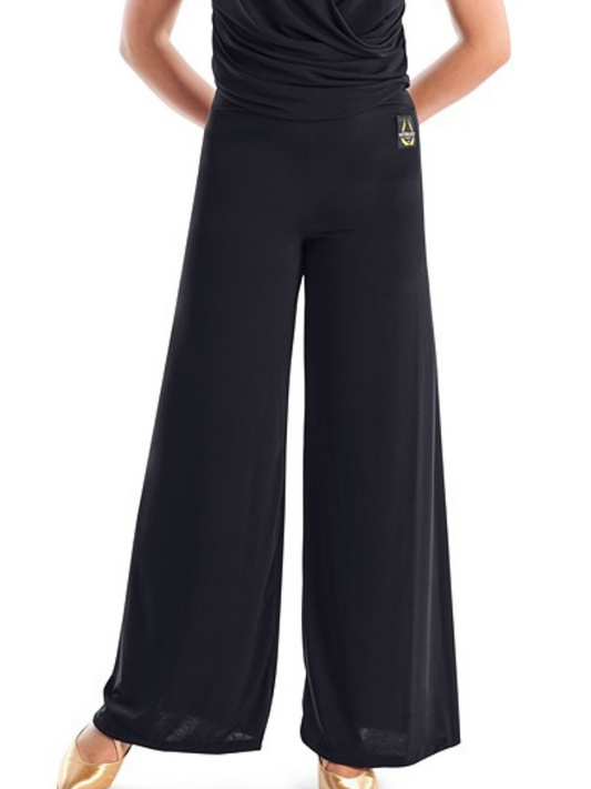 Victoria Blitz GIOIOSA Black One Piece Ballroom or Latin Jumpsuit with V-Neckline, Wrap-around Top, Short Sleeves, and Wide Leg PRA 729 in Stock