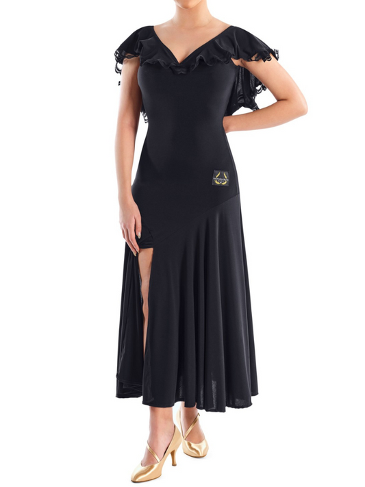 Victoria Blitz TAORMINA Black Ballroom Practice Dress with V-Neck and Back, Frilled Layer, Lace Trim, and Slit Skirt PRA 748 in Stock