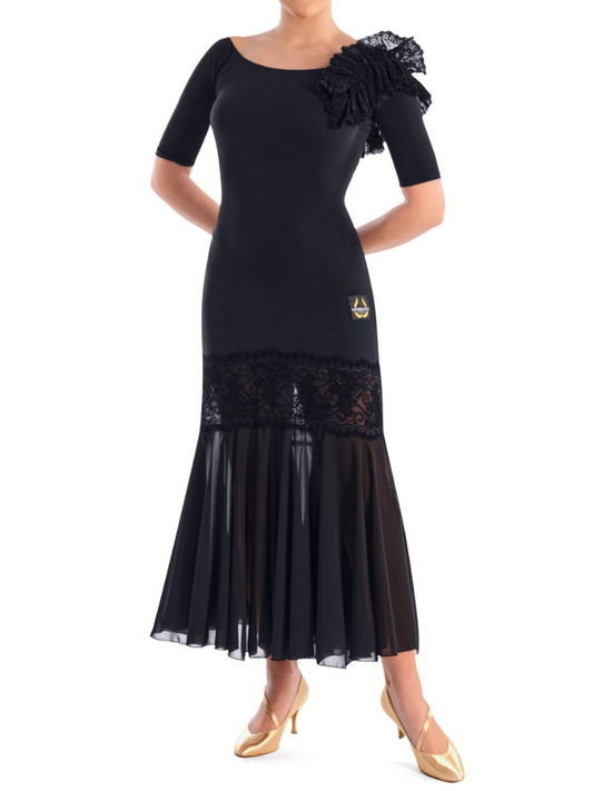 Victoria Blitz GELA Black Ballroom Practice Dress with Boat Neckline, Short Sleeves, Lace Embellishment on Shoulder, and Lace Insert on Skirt PRA 728 in Stock