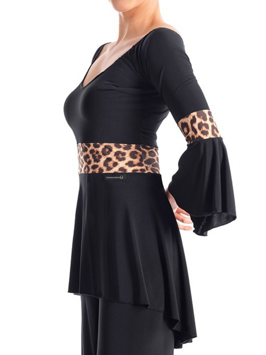 Victoria Blitz REGGIO Ballroom or Latin Black Practice Top with V-Neckline, 3/4 Bell Sleeves, Flared Bottom, and Leopard Print Bands PRA 746 in Stock