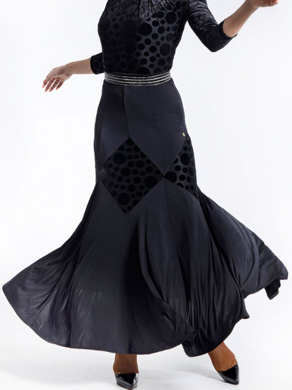 Chrisanne Clover LSK02 Long Black Ballroom Practice Skirt with Velvet Polka Dot Rhombus Pattern PRA 931 in Stock