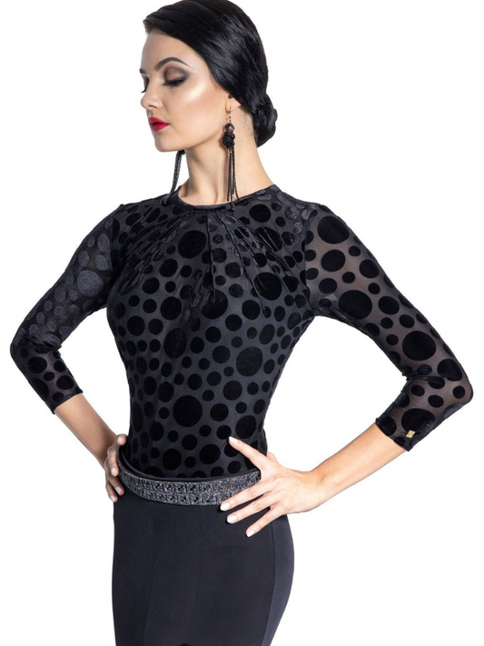 Black Velvet Polka Dot Bodysuit with 3/4 Length Sleeves and Pleated Front Collar