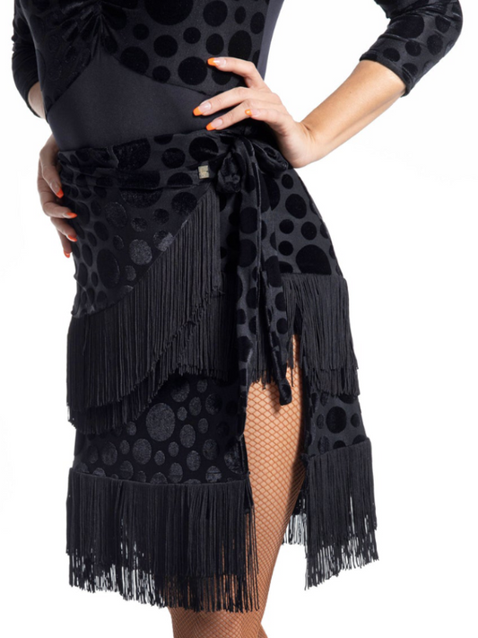 Chrisanne Clover SSK01 Black Velvet Polka Dot Latin Practice Skirt with Layers of Fringe, Wrap Cover, and Tying Bow PRA 927 in Stock