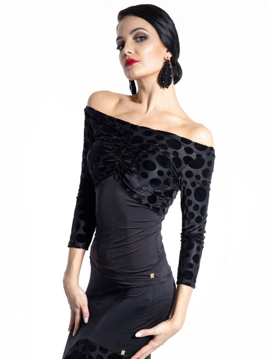 Chrisanne Clover T02 Black Velvet Polka Dot Practice Top with 3/4 Length Sleeves and Rouching at Center Front PRA 928 in Stock