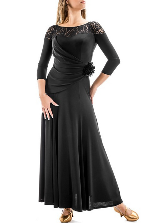 Black Ballroom Practice Dress with Lace Neckline, 3/4 Length Sleeves, and Ruching