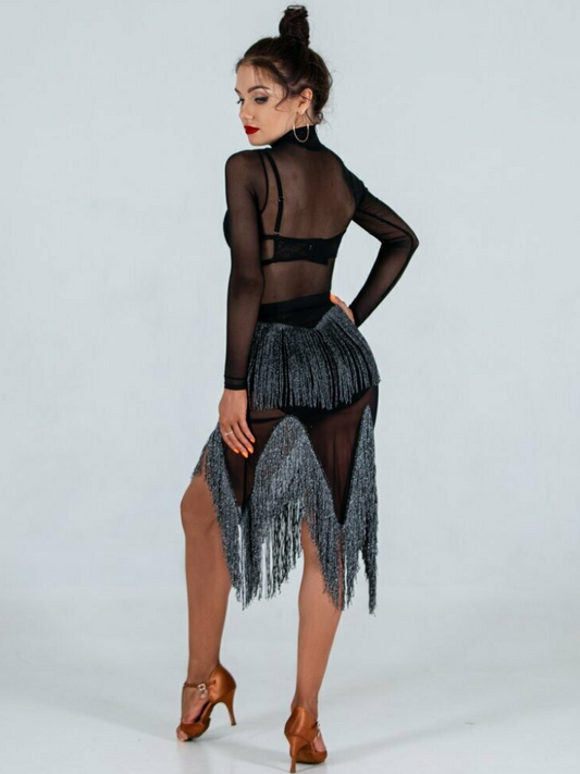 Sirius Practice Dance Wear CURL Black Mesh Latin Skirt with Gold or Silver Tinsel Shimmer Fringe PRA 875 in Stock