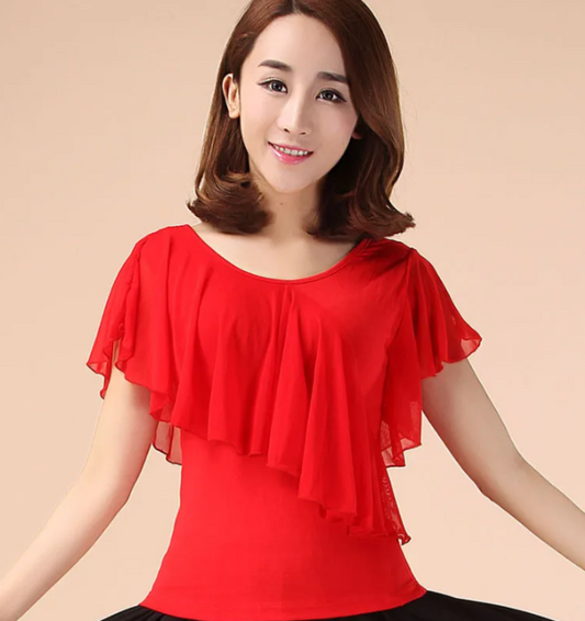 Tuck Out Latin or Ballroom Practice Dance Top with Mesh Ruffle Detail on Front and Back for Girls and Women PRA 1095_sale