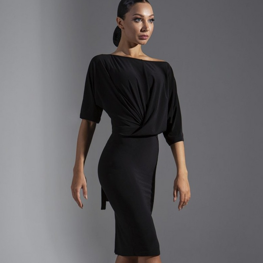 Black Latin Practice Dress with Half Sleeves, Slit in Back of Skirt, and Slouchy Top PRA 574_sale
