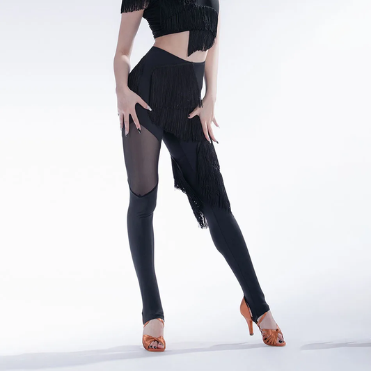 Ladies Black Fringe Latin Practice Dance Pants with Mesh Cutouts and Foot Stirrups PRA 1105 In Stock