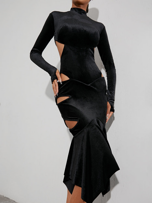 ZYM Dance Style Vivian Dress #2264 Long Sleeve Black Velvet Latin Practice Dress with High Neck, Open Back, and Cutout Details PRA 914 in Stock