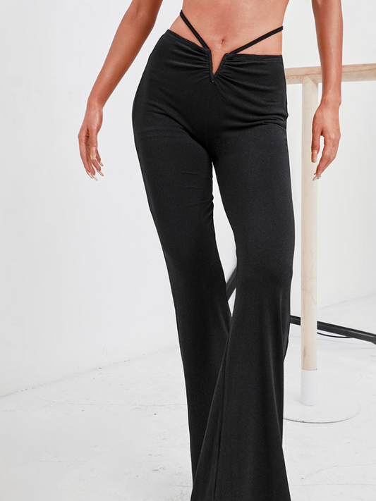 ZYM Dance Style All Yours Pants #2188 Black Latin Flared Bottom Practice Pants with Thin Tie Strap and Metal "V" Detail PRA 912 in Stock