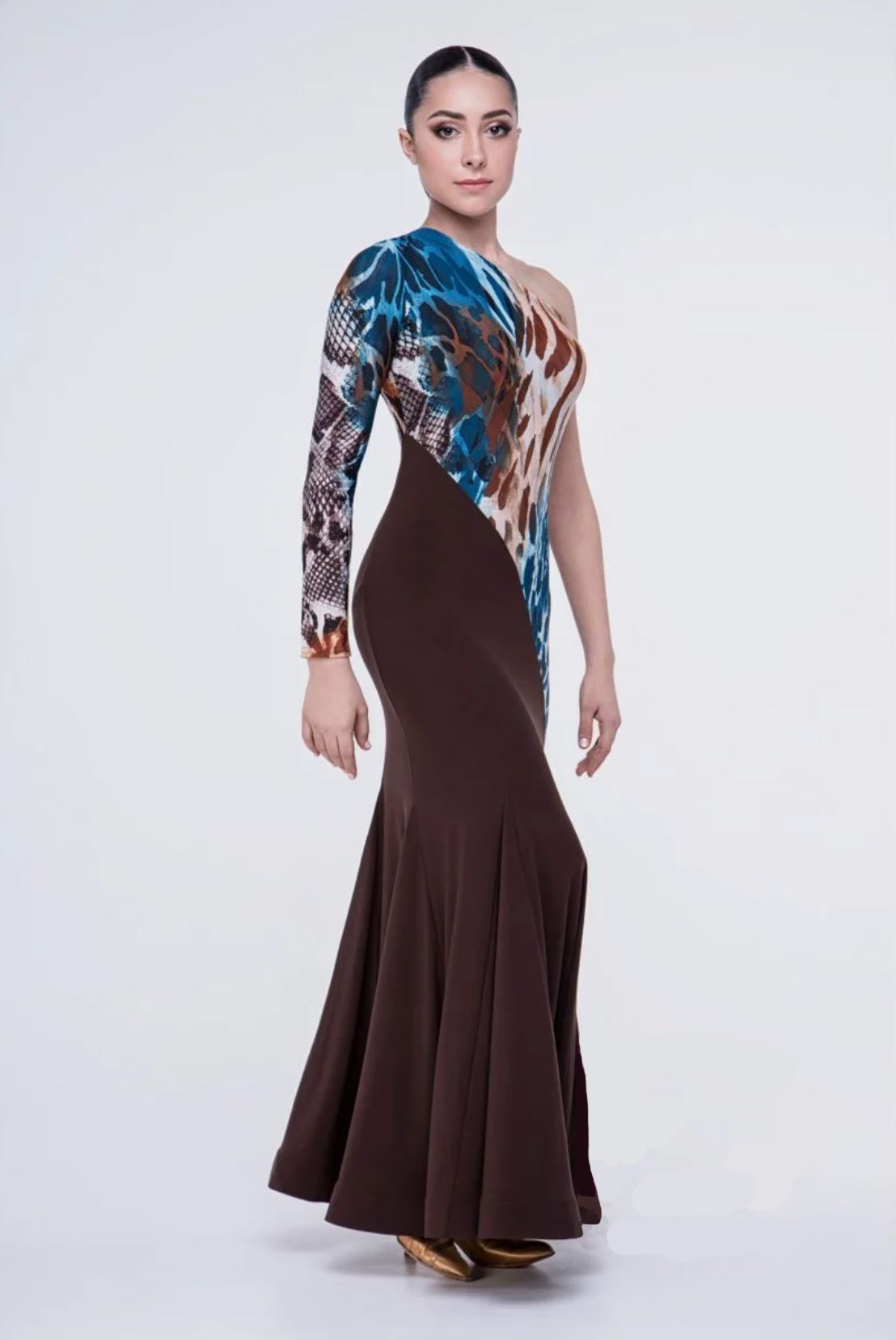 Women's ballroom dance dress in brown and animal print