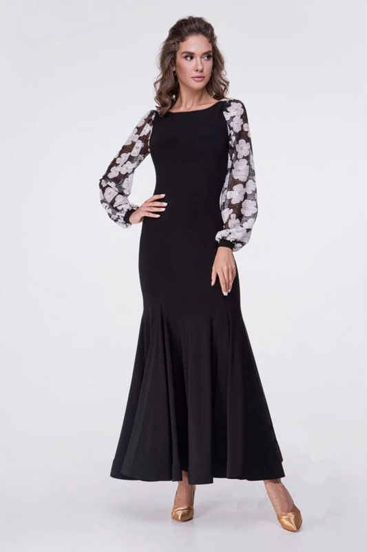 Black ballroom dress with printed mesh sleeves