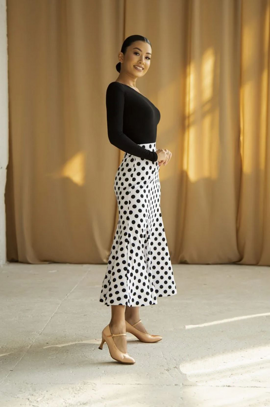 Ladies' black and white ballroom skirt with polka dot pattern