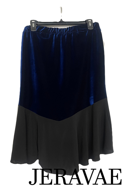 Women's blue velvet and black Latin skirt with ruching