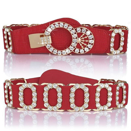 Crystal and gold oval accents on red belt