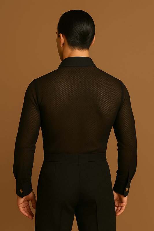Men's Black Latin Ballroom Shirt with Patterned Mesh, Collar and Button Cuffs M058_SALE