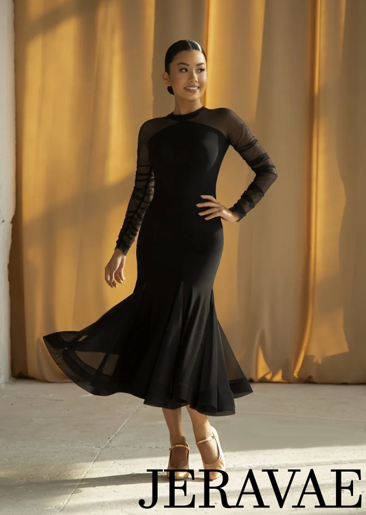 Black tea length ballroom dress with wrapped horsehair hem