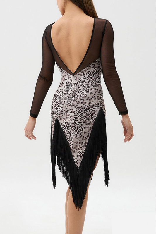 Ladies Latin Dress with Mesh and Fringe Pra 1386