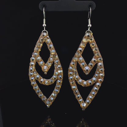 Large Chevron Detail Hanging Drop Earrings with Stones in Multiple Color Options E003