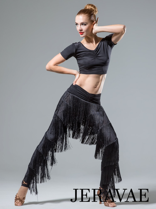 Ladies Fringe Latin and Rhythm Practice or Competition Pants with Layers of Fringe and Stirrup Feet PRA 646