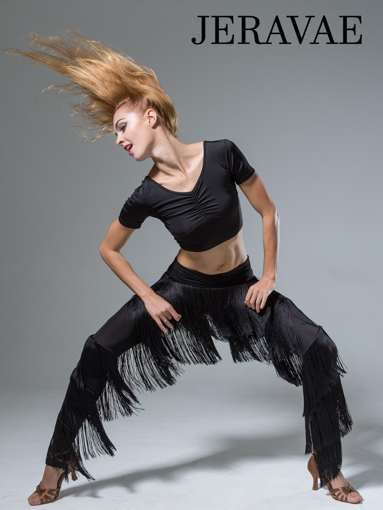 Ladies Fringe Latin and Rhythm Practice or Competition Pants with Layers of Fringe and Stirrup Feet Sizes S-4XL PRA 646