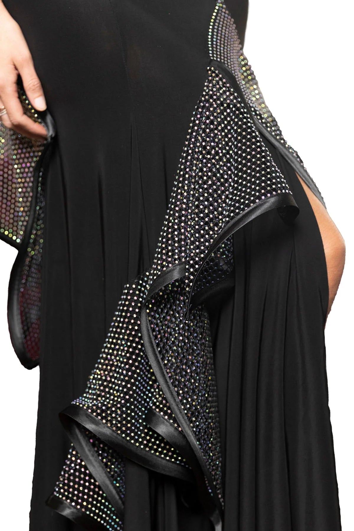 Close up of S2450 flounced smooth skirt with AB rhinestones