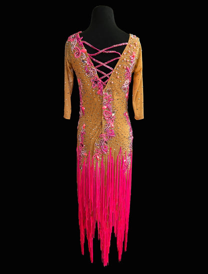 Resale Artistry in Motion Tan Latin Dress with Pink Fringe Skirt, Pink Lace Appliqué, and Cross Straps Sz L Lat233