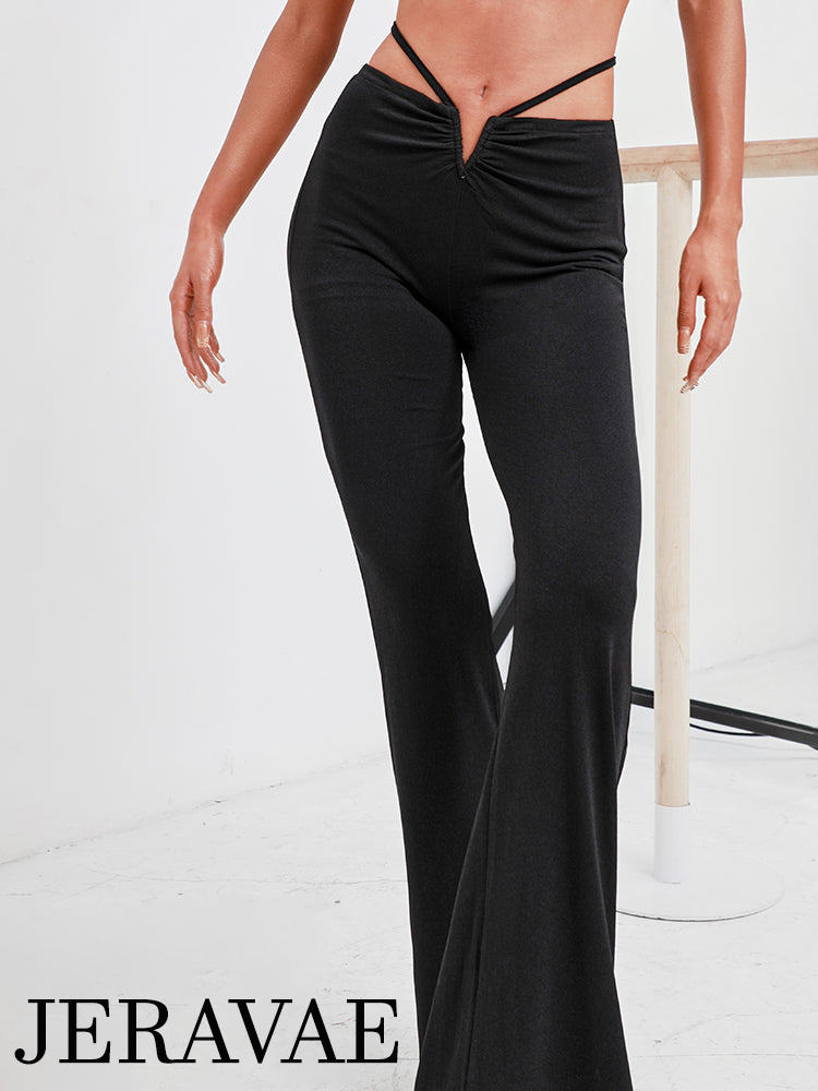 ZYM Dance Style Black Latin Practice Pants with Flared Bottom, Thin Strap  Tie-Up, and Metal V Detail PRA 912 in Stock