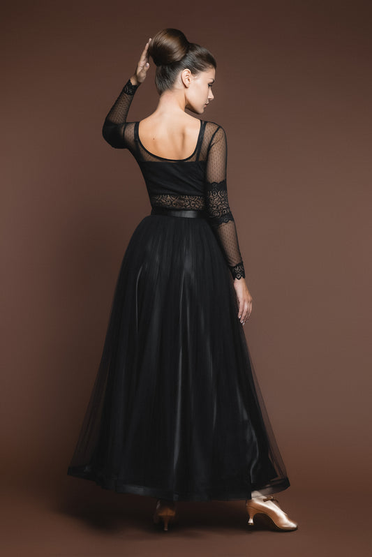 Satin waistband and wrapped horsehair hem on black ballroom skirt
