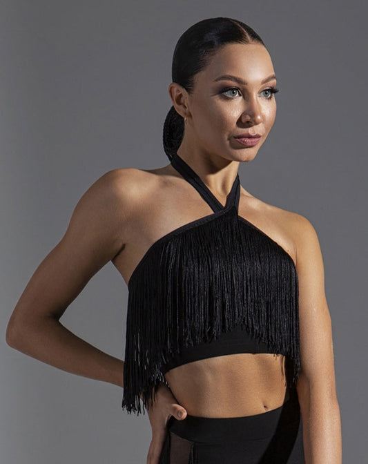 Women's black Latin top with fringe